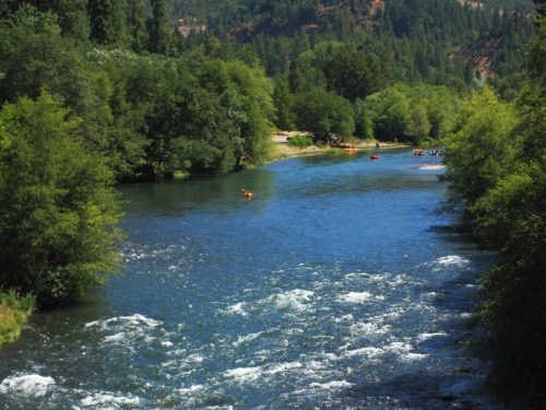 Rogue River Raft Trains bounce westward as I glide upstream to the source.